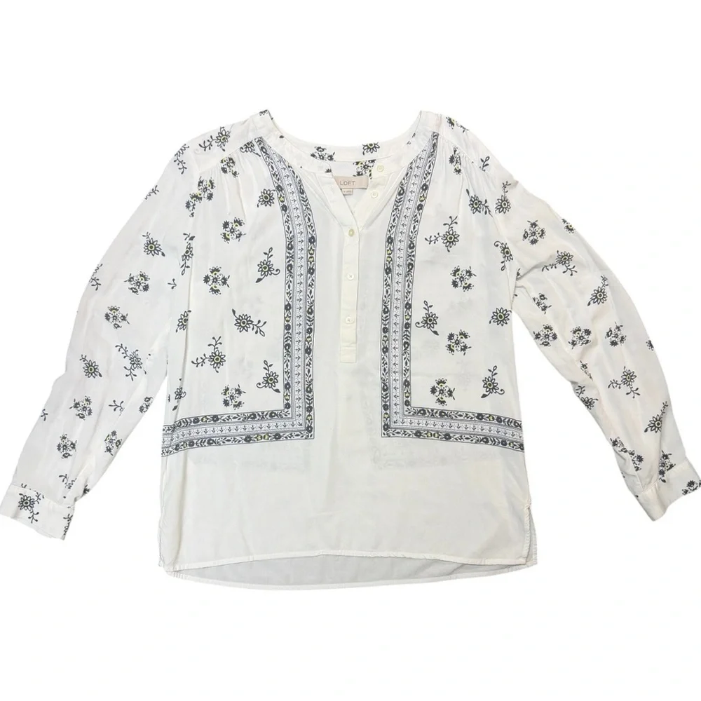 LOFT Boho Floral Tile Print Henley Coastal Grandmother Blouse Peasant Top M - Picture 5 of 11